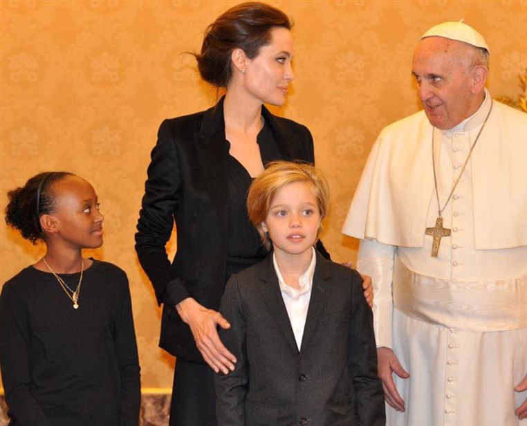 Angelina Jolie meets Pope Francis during a private audience at the Vatican after screening of her movie Unbroken