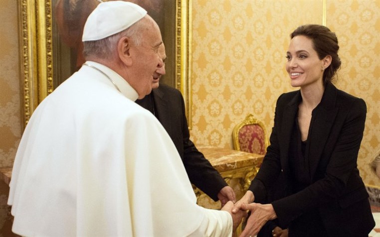 Angelina Jolie meets Pope Francis during a private audience at the Vatican after screening of her movie Unbroken