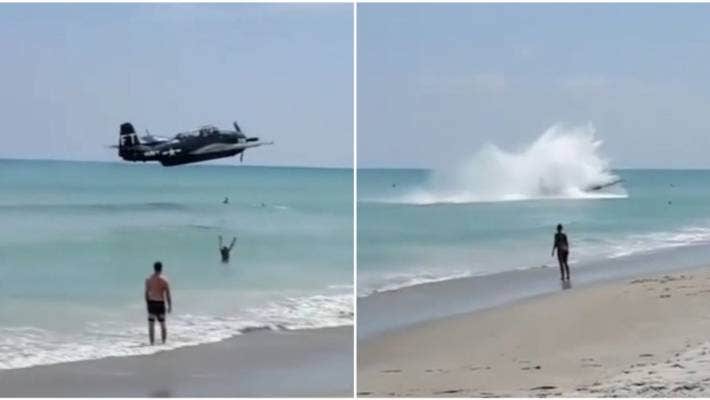 In Video: World War Two Plane Crashes Into Sea Close To Shore On Busy Beach