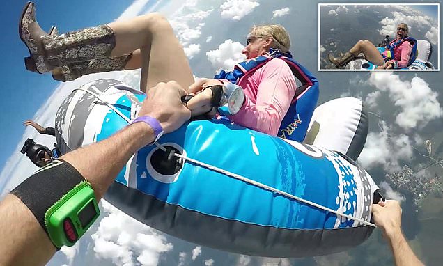 In Video: A skydiver woman leapt from a plane sitting in a inflatable pool tube