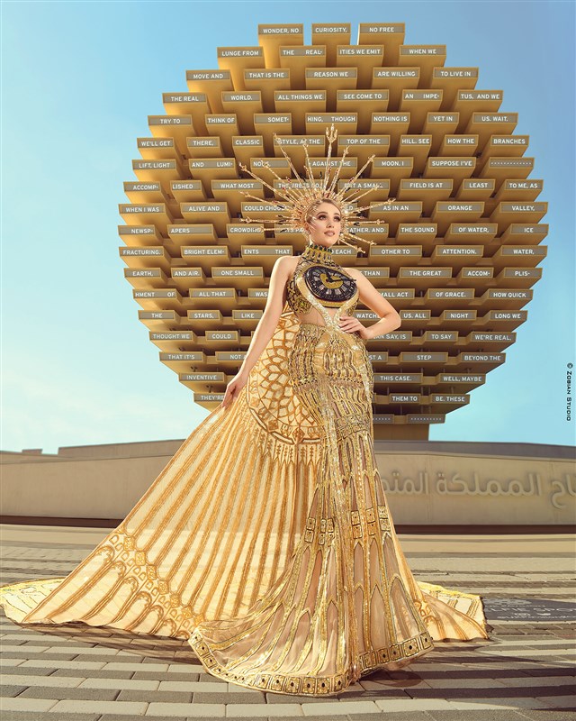 A royal look for Miss Britain signed by Syrian designer Manal Ajaj at Expo 2020