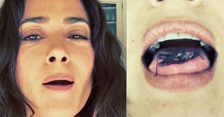Watch actress Salma Hayek eat a grasshopper 