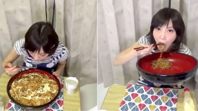 Petite  Japanese woman eats 4kg of  noodles in 3 min!