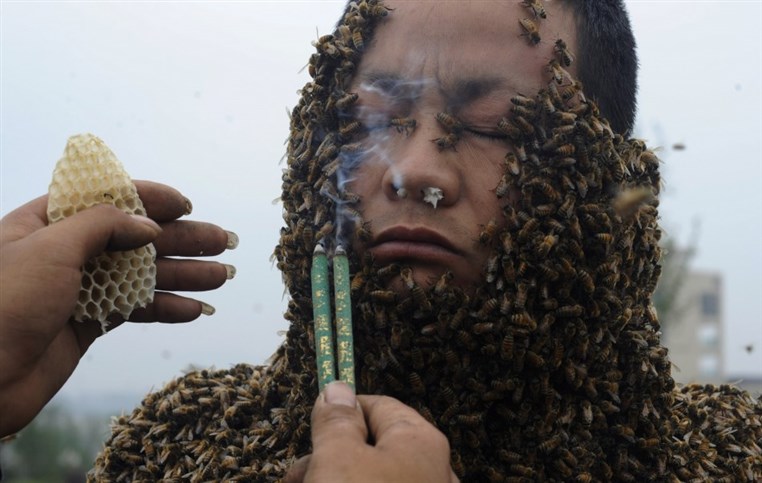 Chinese Man Covers His Entire Body in Bees
