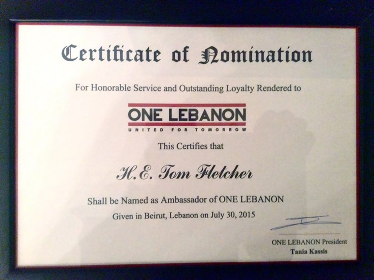 Tom Fletcher Named As One Lebanon Ambassador